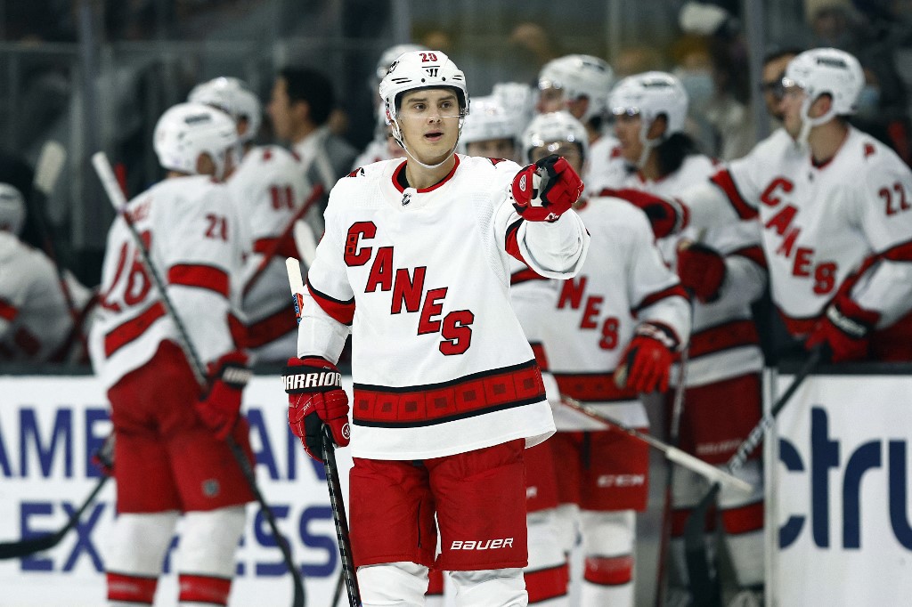 Sebastian Aho of the Carolina Hurricanes celebrates a goal as look at Fanatics signing a deal with the Carolina Hurricanes.