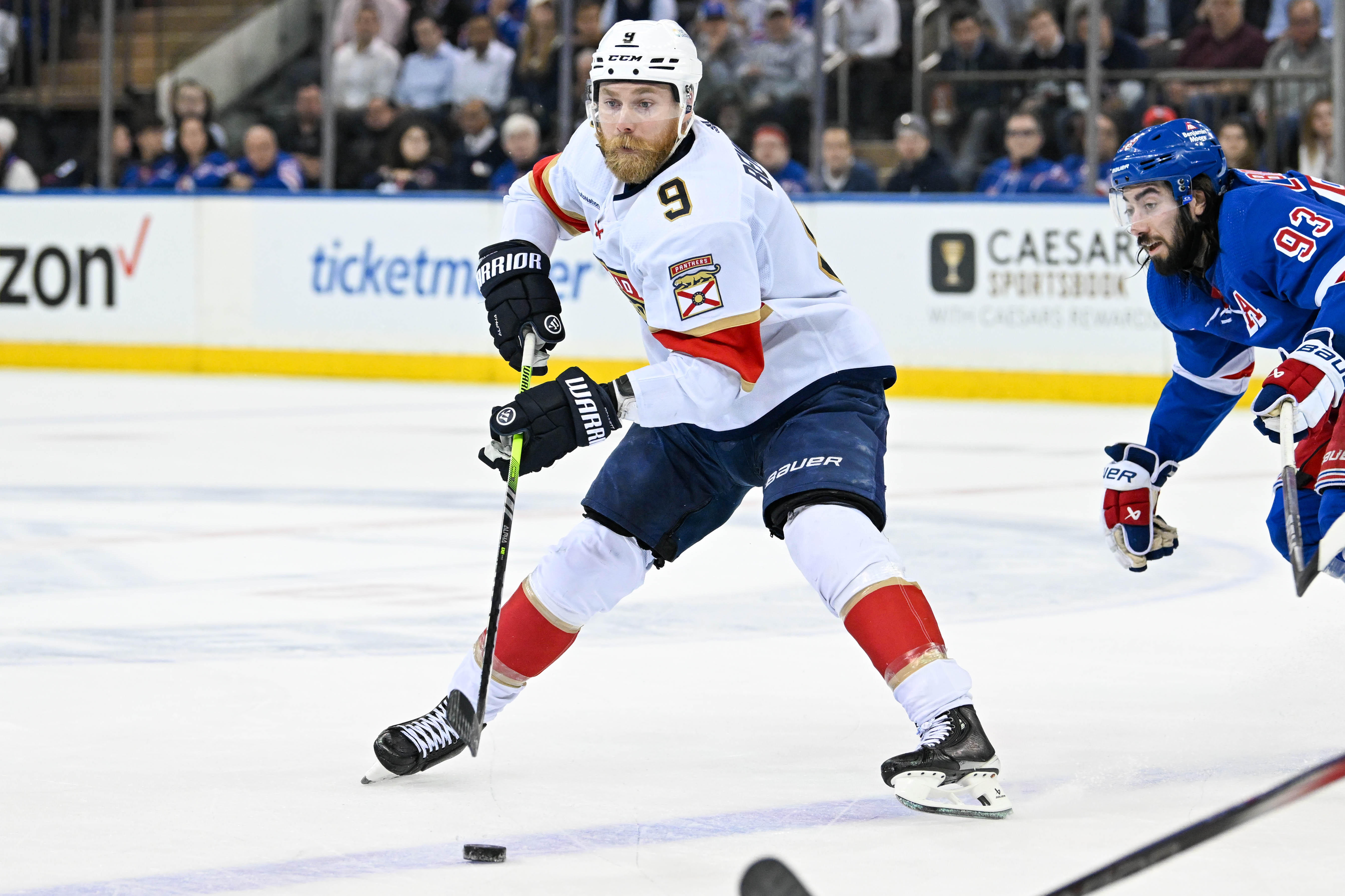 Florida Panthers center Sam Bennett plays the puck as we look at our Oilers vs. Panthers player props for Saturday's Game 1.