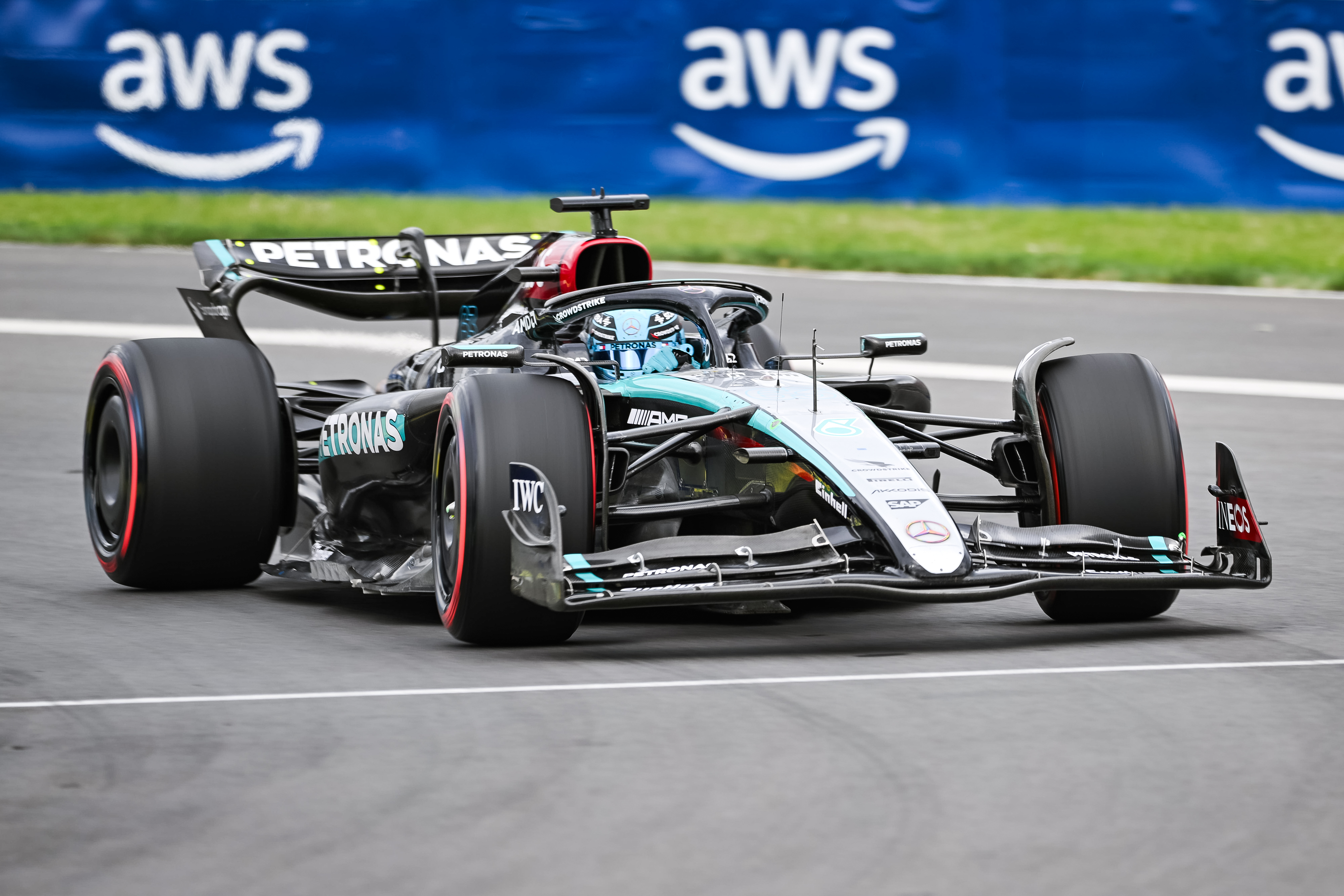 Mercedes driver George Russell races during the qualifying session of the Canadian Grand Prix at Circuit Gilles Villeneuve as we look at our British Grand Prix predictions.