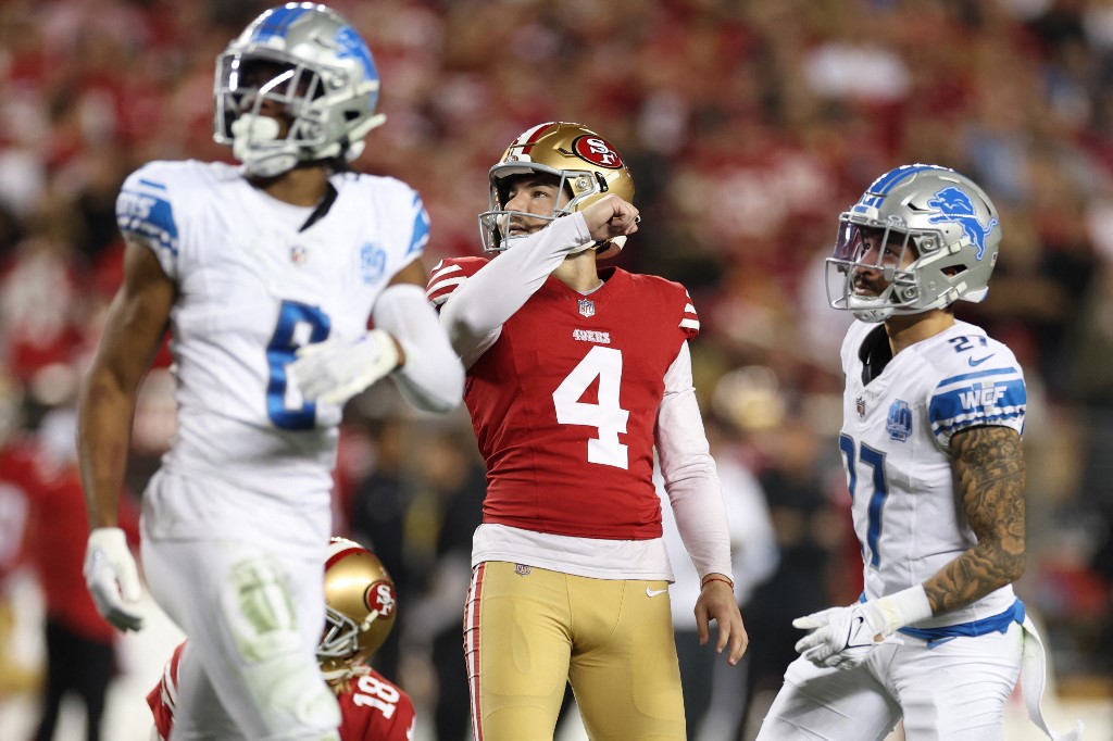 Jake Moody #4 of the San Francisco 49ers looks on after kicking a field goal as we make our best Super Bowl kicker props.
