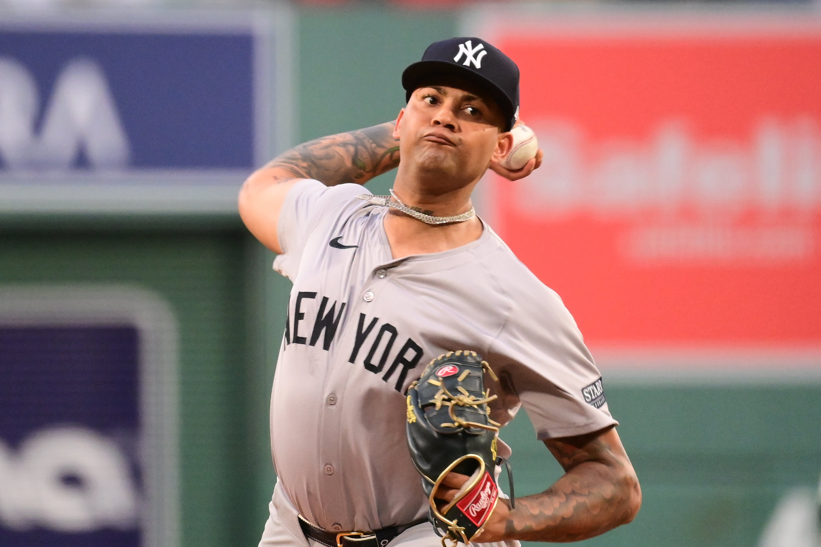 New York Yankees starting pitcher Luis Gil pitches against the Boston Red Sox during the first inning at Fenway Park as we look at our Red Sox vs. Yankees player props.