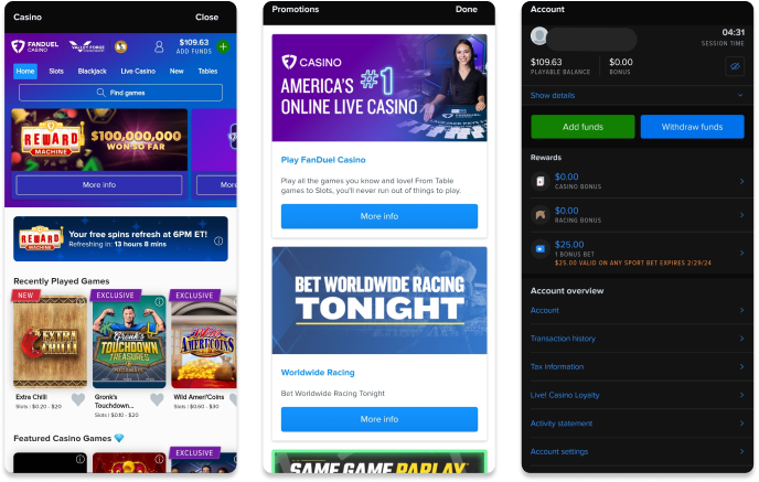 Screenshot of FanDuel Casino mobile app.