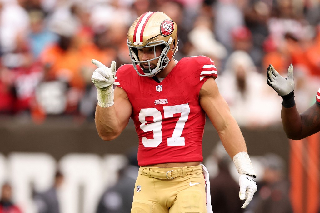 Nick Bosa of the San Francisco 49ers reacts after a sack during the fourth quarter against the Cleveland Browns as we look at our Super Bowl defensive props.