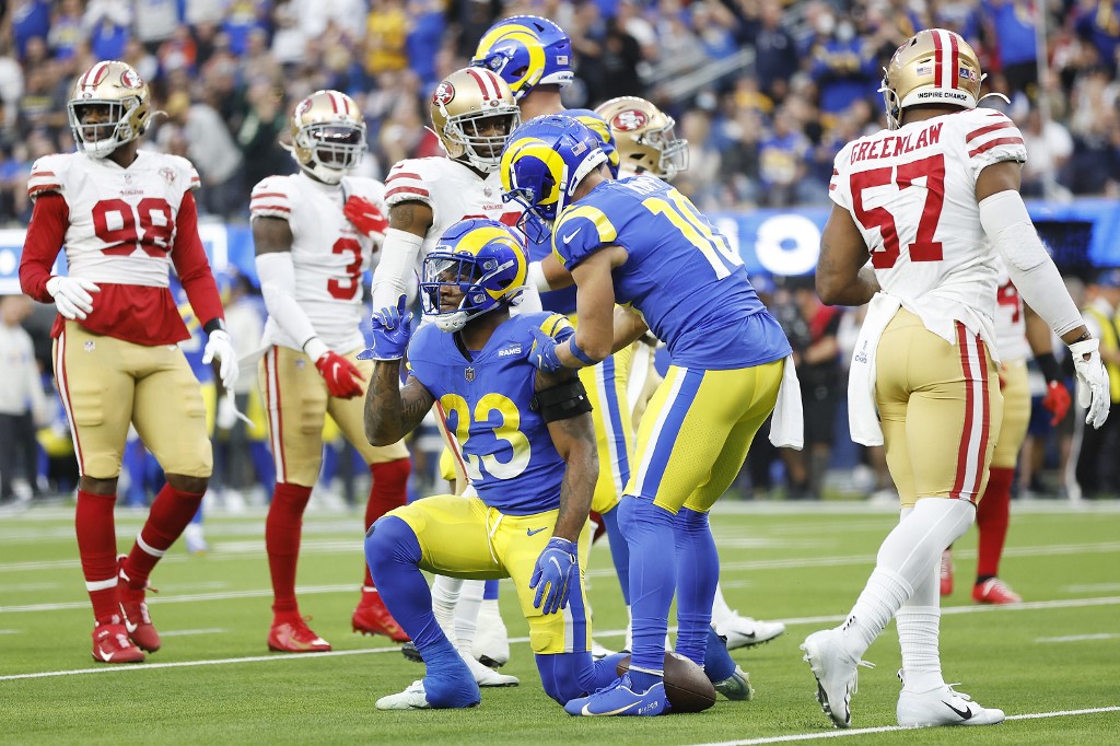 Cam Akers of the Los Angeles Rams reacts after a play in the first quarter against the San Francisco 49ers.