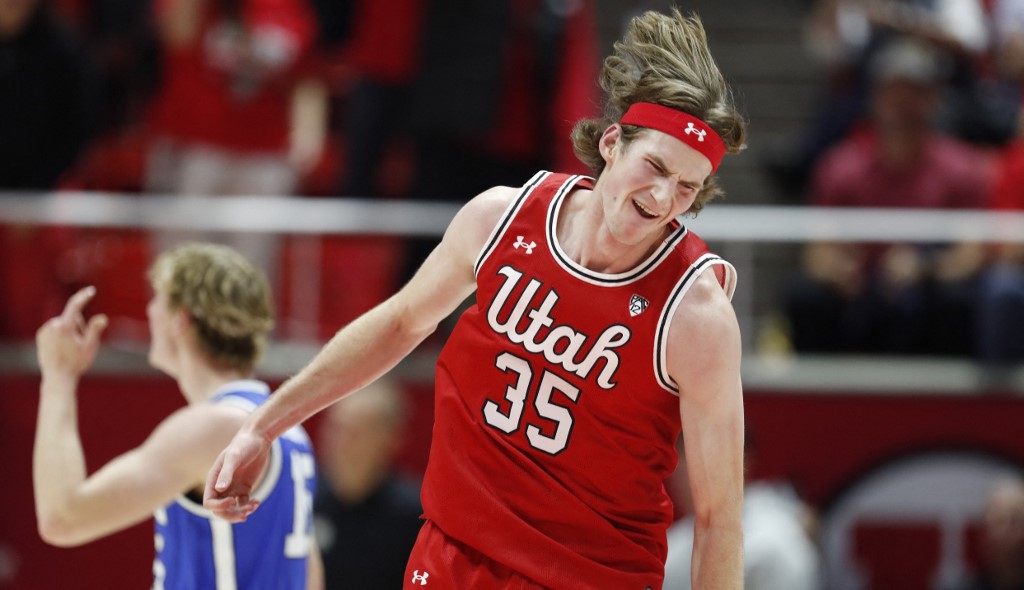 Branden Carlson #35 of the Utah Utes celebrates as we offer our best Utah vs. Indiana State expert pick and prediction for the NIT semifinal on Tuesday.