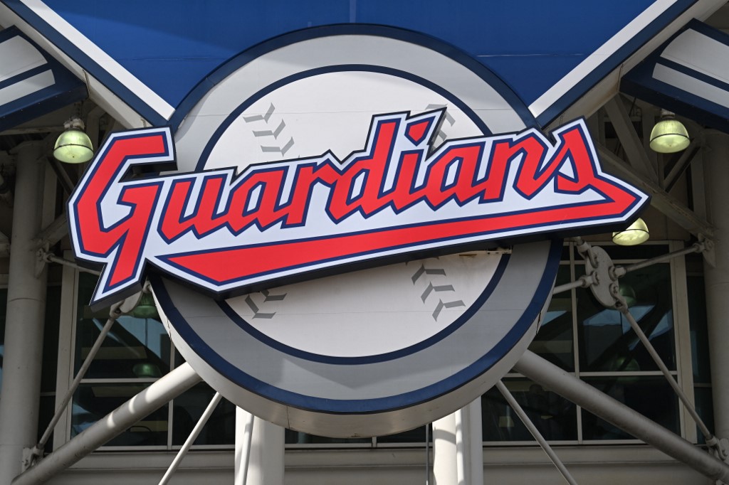 The new Cleveland Guardians logo hangs on the exterior of Progressive Field prior to the home opener against the San Francisco Giants as we look at Fanatics sportsbook.