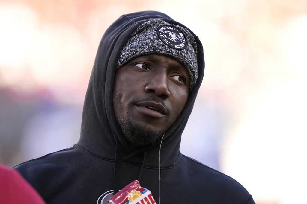 Deebo Samuel #19 of the San Francisco 49ers looks on in the second half