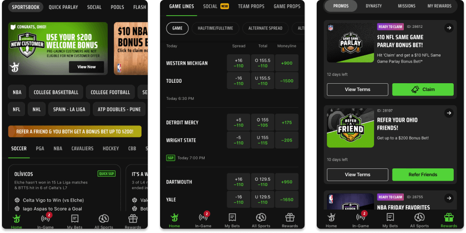 Screenshots of DraftKings Underscoreg app for iOS devices. 