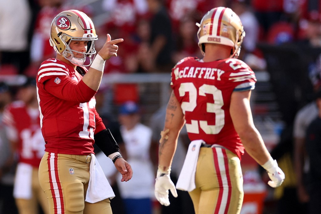 Brock Purdy #13 of the San Francisco 49ers celebrates a first down pass as we look at the best Super Bowl 2024 1st drive odds and prop bets for 49ers vs. Chiefs.