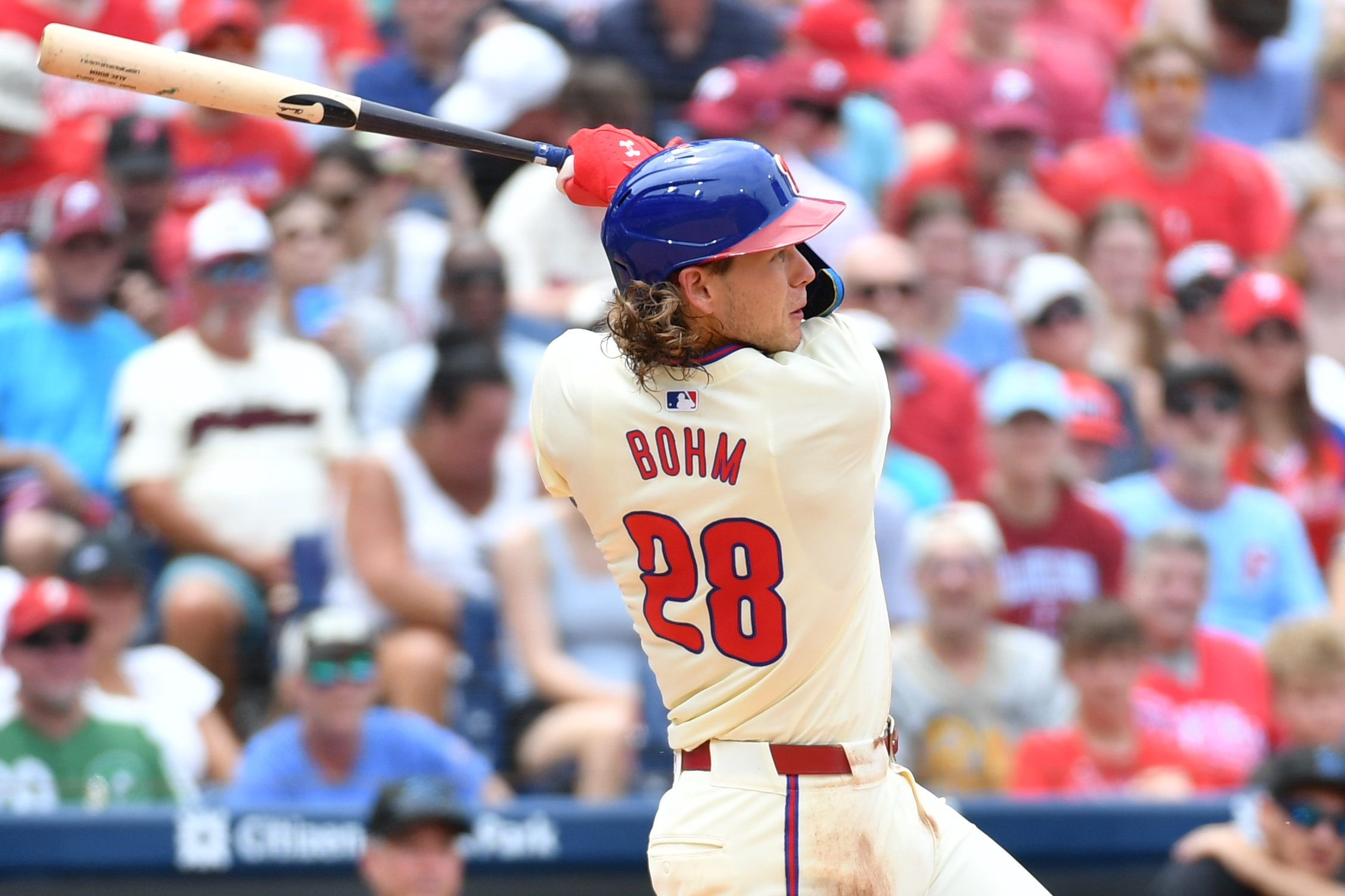 Philadelphia Phillies third base Alec Bohm watches his two-run home run against the Miami Marlins during the first inning at Citizens Bank Park. We're backing Bohm in our Phillies vs. Cubs player props.