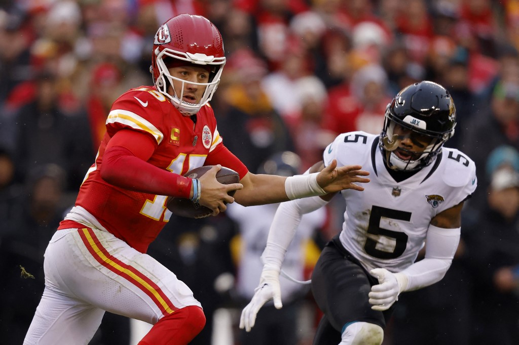 Patrick Mahomes #15 of the Kansas City Chiefs features in our Chiefs vs. Jaguars predictions.
