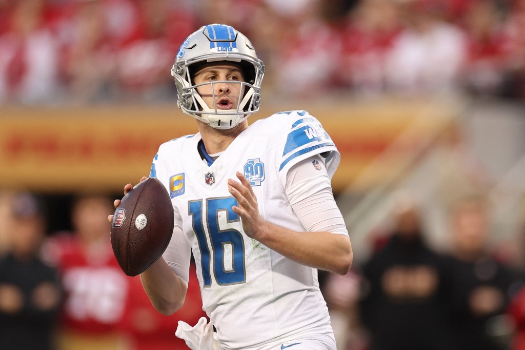 Jared Goff of the Detroit Lions looks to throw the ball during the first half against the San Francisco 49ers in the NFC Championship Game as we look at Fanatics Underscoreg launching in Michigan.