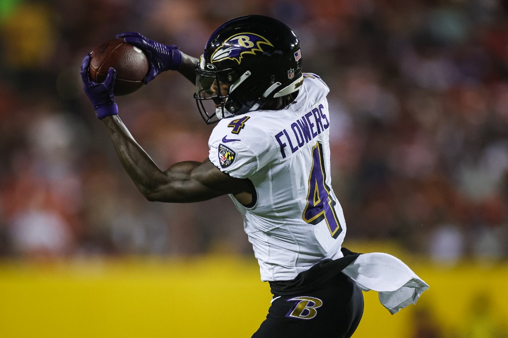 Zay Flowers of the Baltimore Ravens catches a touchdown pass against the Washington Commanders, and we offer new U.S. bettors our exclusive BetRivers bonus code