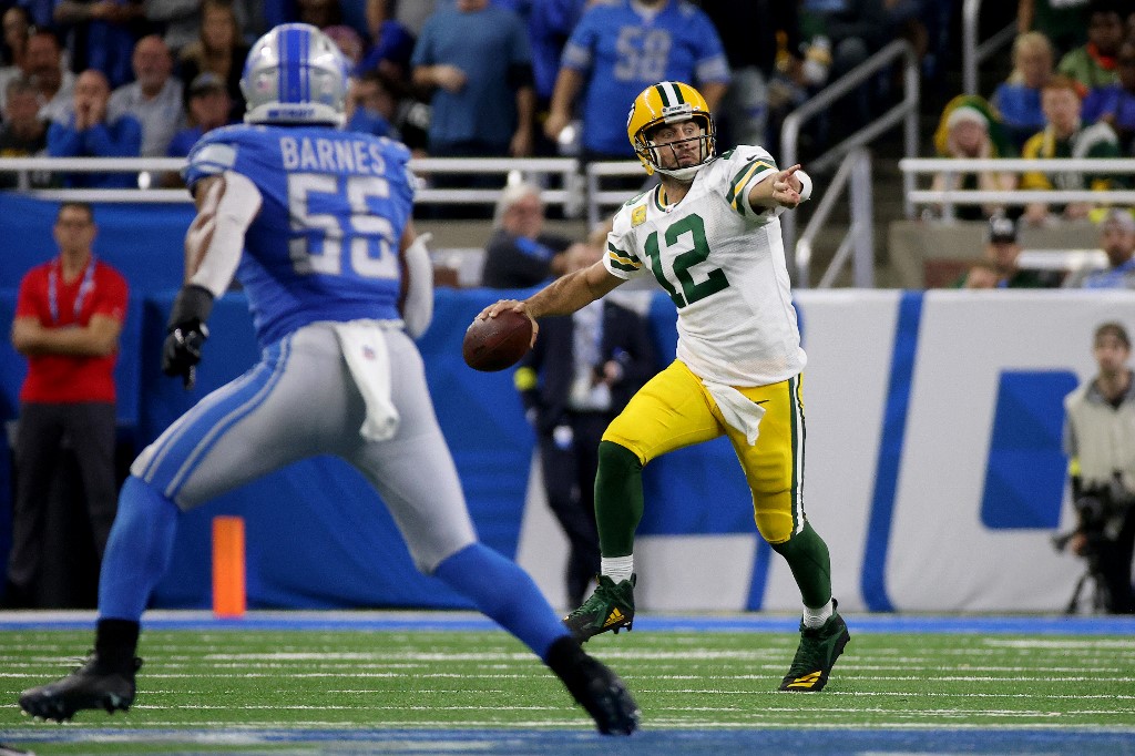 Aaron Rodgers of the Green Bay Packers looks to pass against the Detroit Lions at Ford Field on Nov. 06, 2022 in Detroit, Michigan.
