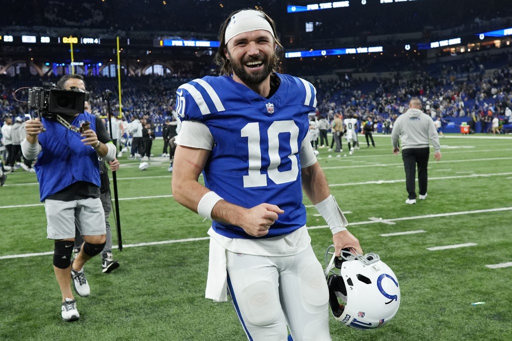 Gardner Minshew of the Indianapolis Colts reacts after the game against the Las Vegas Raiders at Lucas Oil Stadium as we look at our Texans-Colts NFL player prop picks.