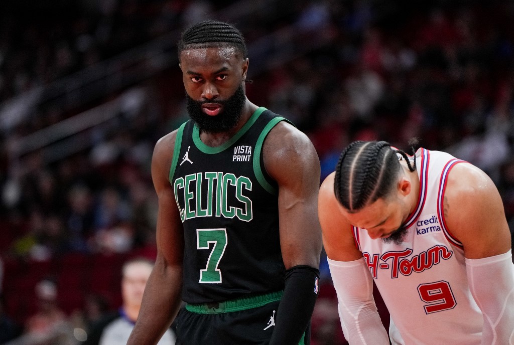 Jaylen Brown of the Boston Celtics looks on during the fourth quarter against the Houston Rockets, and we offer new U.S. bettors our exclusive bet365 bonus code.