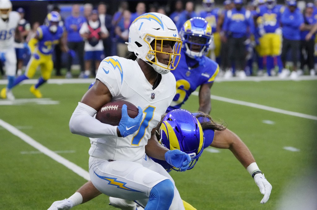 Wide receiver Quentin Johnston #1 of the Los Angeles Chargers catches a pass as we look at our best Anytime Touchdown Scorer Predictions for Monday Night Football