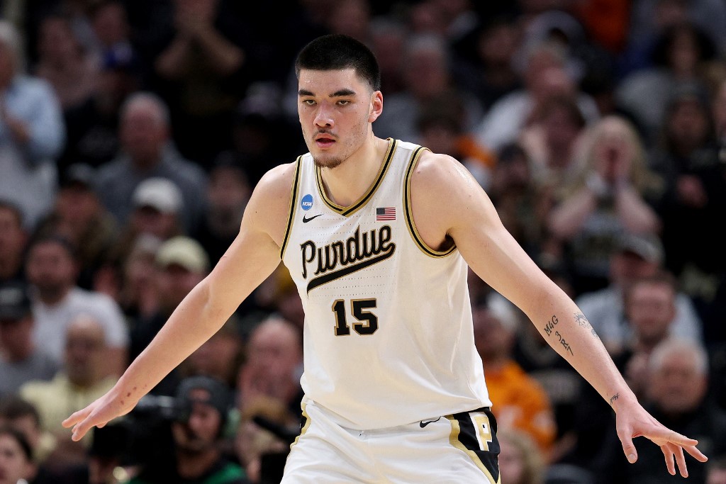 Zach Edey of the Purdue Boilermakers looks on against the Tennessee Volunteers during the first half in the Elite 8 as we look at our Purdue-NC State prediction.