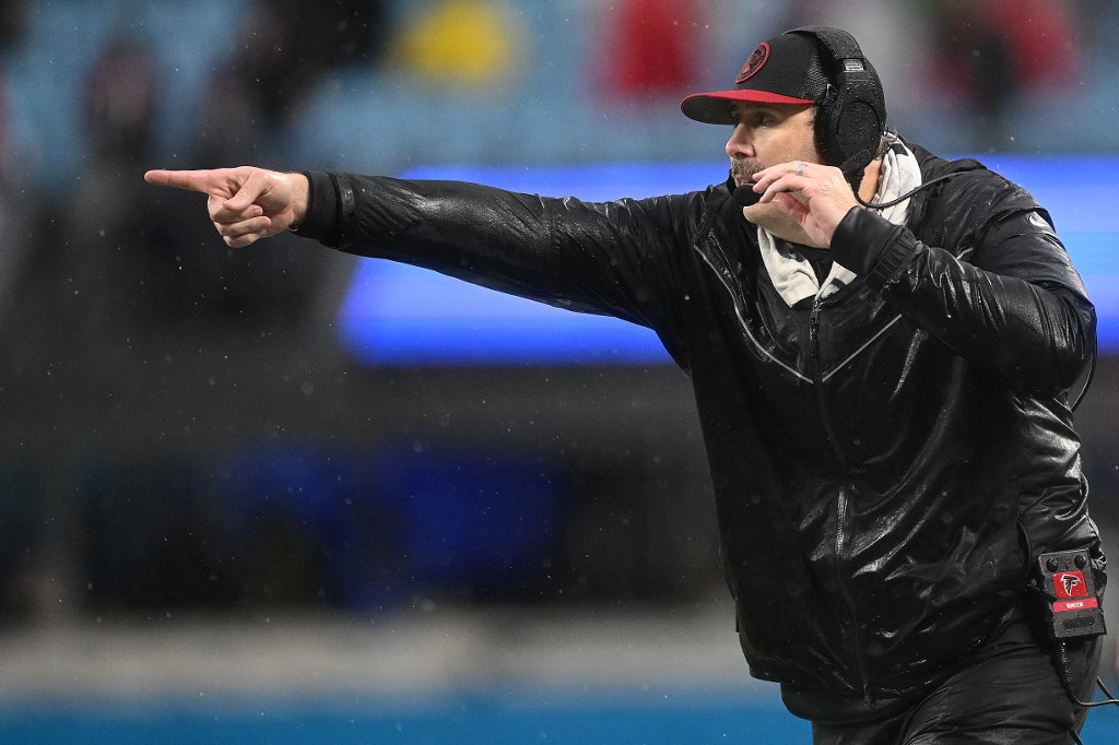 Head coach Arthur Smith of the Atlanta Falcons reacts as we look at our NFL upset picks for Week 16