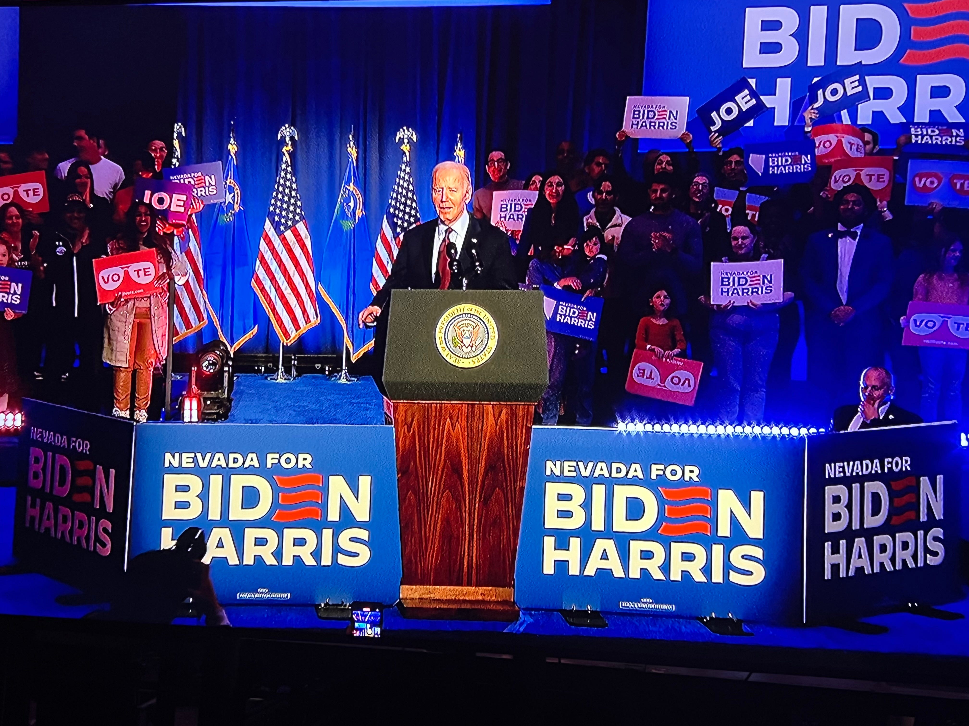 President Joe Biden gets a rousing welcome at a campaign event Feb. 4, 2024 at Pearson Community Center in Las Vegas, Nevada. 