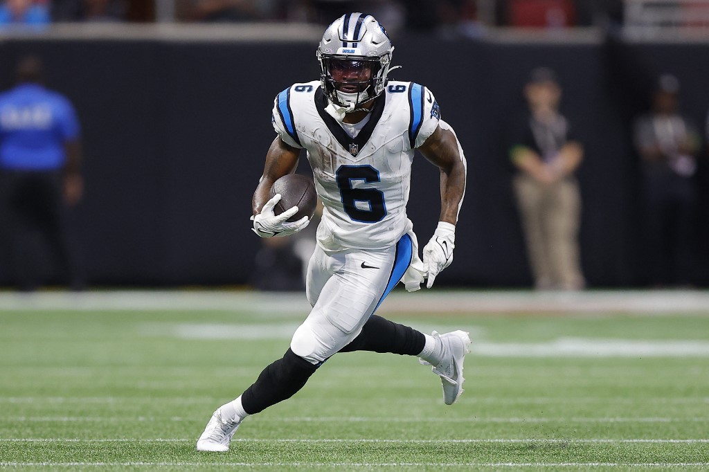 Miles Sanders #6 of the Carolina Panthers runs the ball as we look at our anytime touchdown scorer predictions for Monday Night Football
