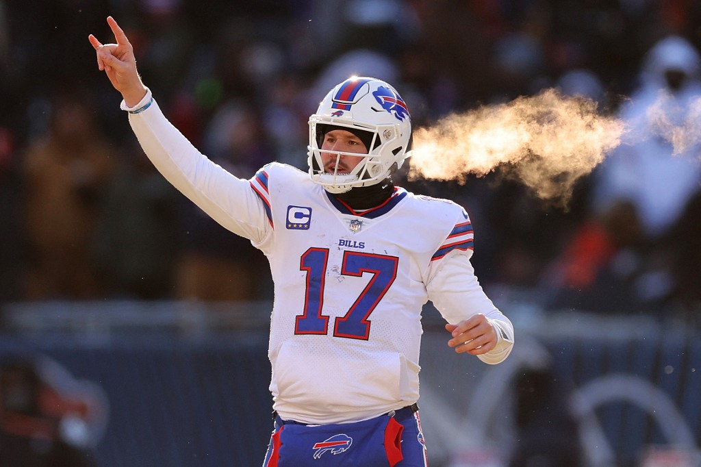 Josh Allen of the Buffalo Bills celebrates a touchdown against the Chicago Bears.