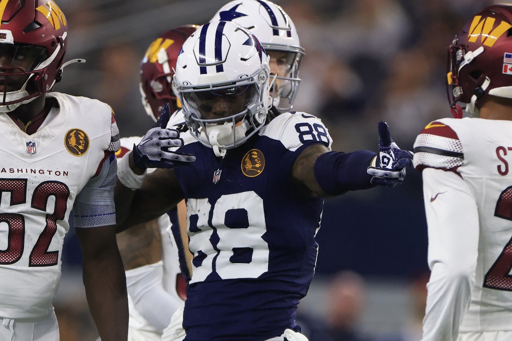 CeeDee Lamb #88 of the Dallas Cowboys celebrates after a first down as we make our CeeDee Lamb NFL player props