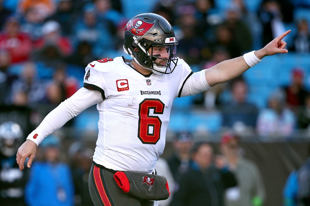 Baker Mayfield #6 of the Tampa Bay Buccaneers reacts during the fourth quarter as we round up our NFL predictions for Wild Card Weekend
