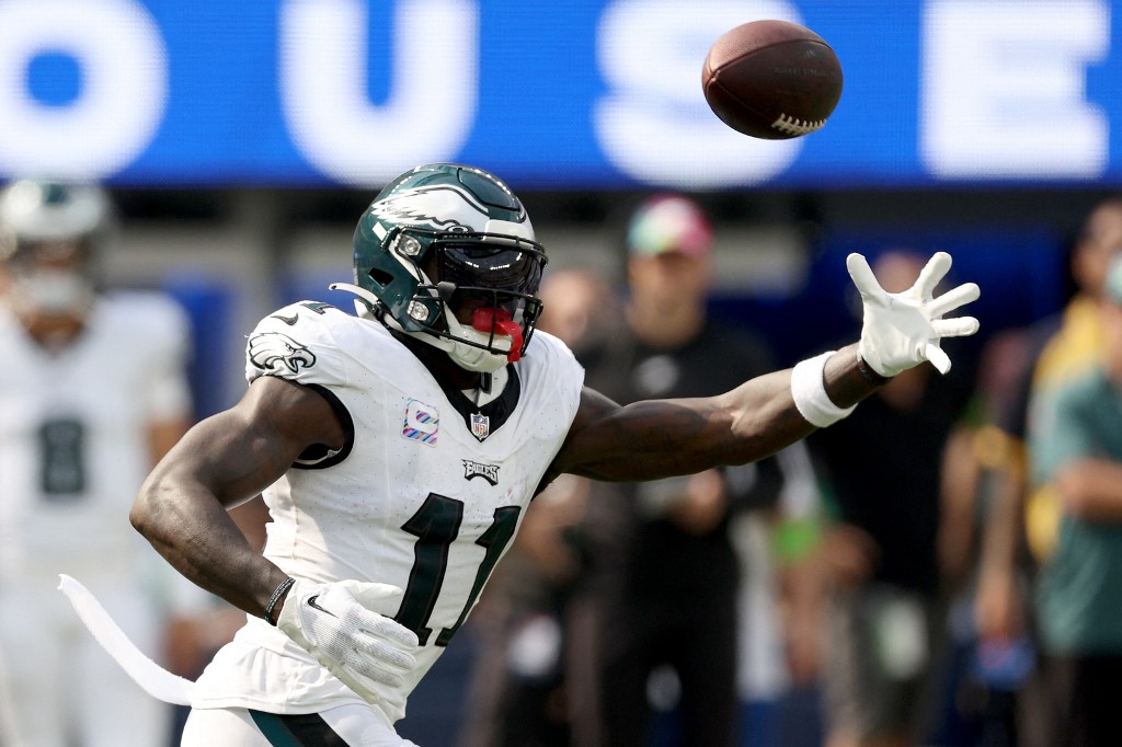 A.J. Brown of the Philadelphia Eagles makes a catch as we share our best A.J. Brown player props for Monday Night Football.