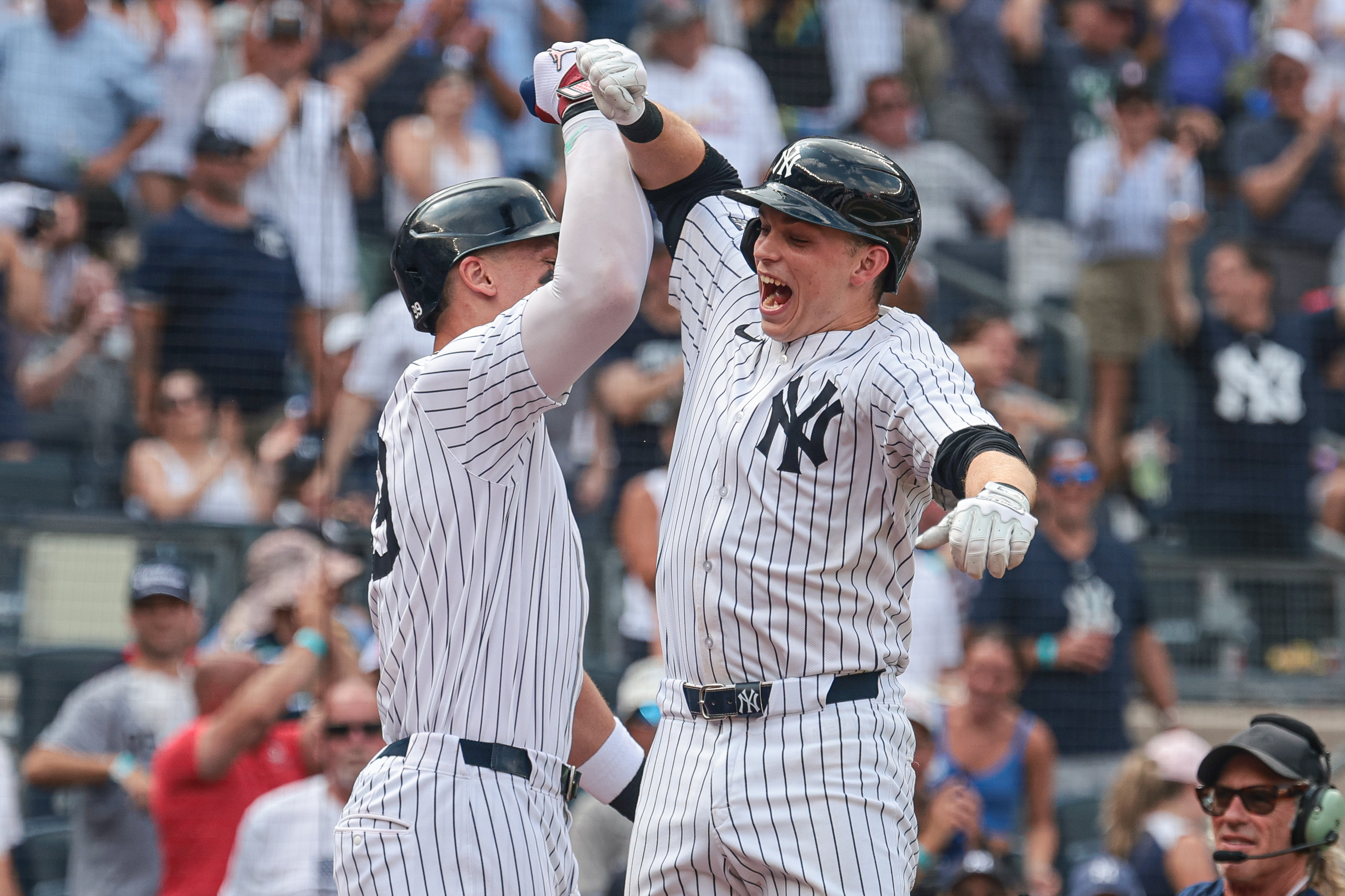 New York Yankees first baseman Ben Rice celebrates after his third home run of the game with center fielder Aaron Judge against the Boston Red Sox. We're backing Rice in today's MLB player props.