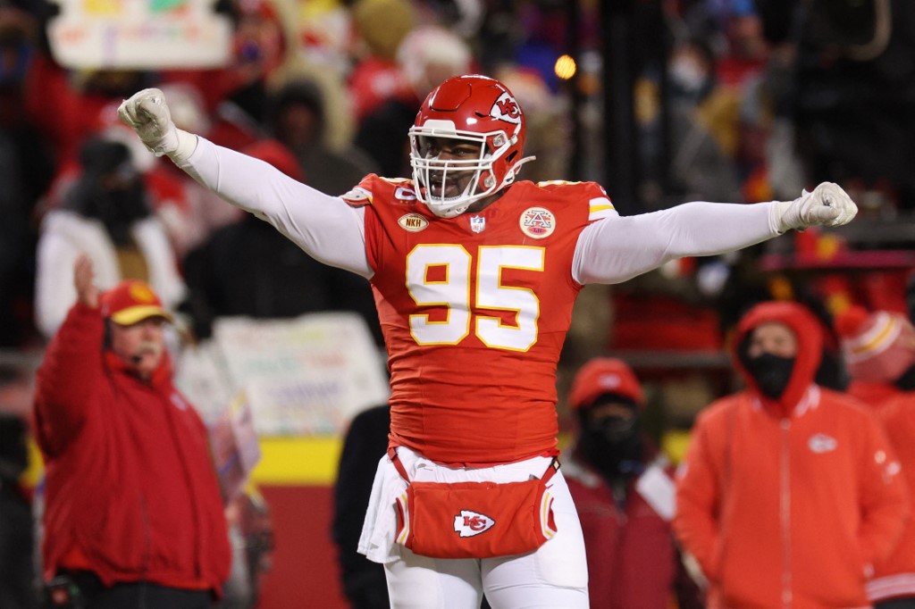 Chris Jones #95 of the Kansas City Chiefs celebrates a sack during the first half against the Miami Dolphins as we look at Missouri's top professional teams launching a petition drive initiative to legalize sports betting on the 2024 election ballot.