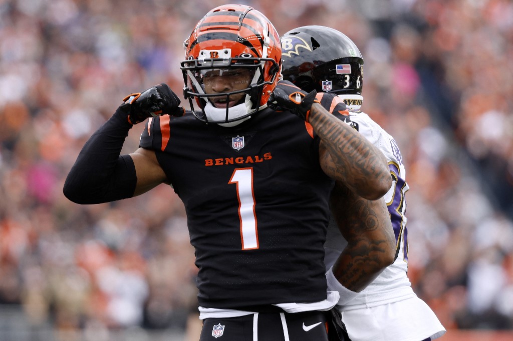 Ja'Marr Chase of the Cincinnati Bengals reacts after a play as we look at the top Bengals-Ravens bonus code.