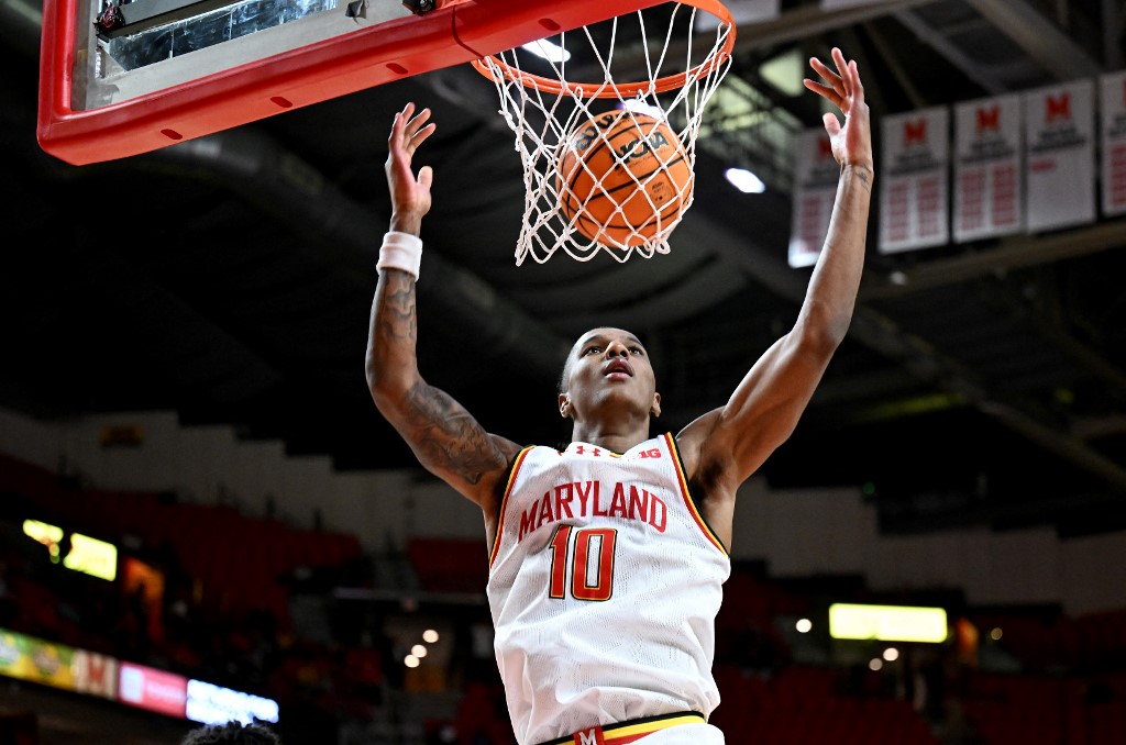 Julian Reese #10 of the Maryland Terrapins scores in the second half as we look at the details surrounding Maryland's record-setting December sports betting financials.