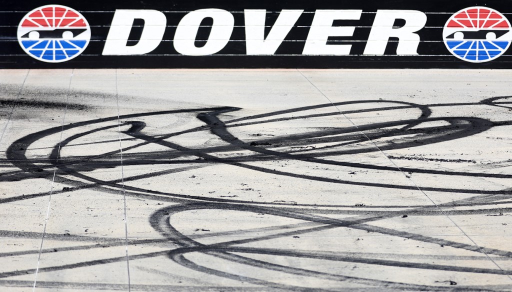A detail view of "DOVER" stenciled on the wall after the NASCAR Cup Series as we look at BetRivers recent deal to become a Nascar title sponsor