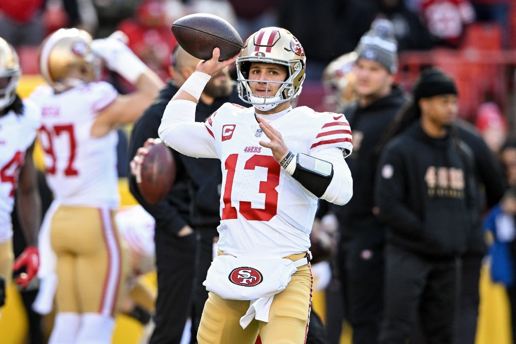 Brock Purdy of the San Francisco 49ers warms up prior to a game against the Washington Commanders as we look at our Brock Purdy player props.