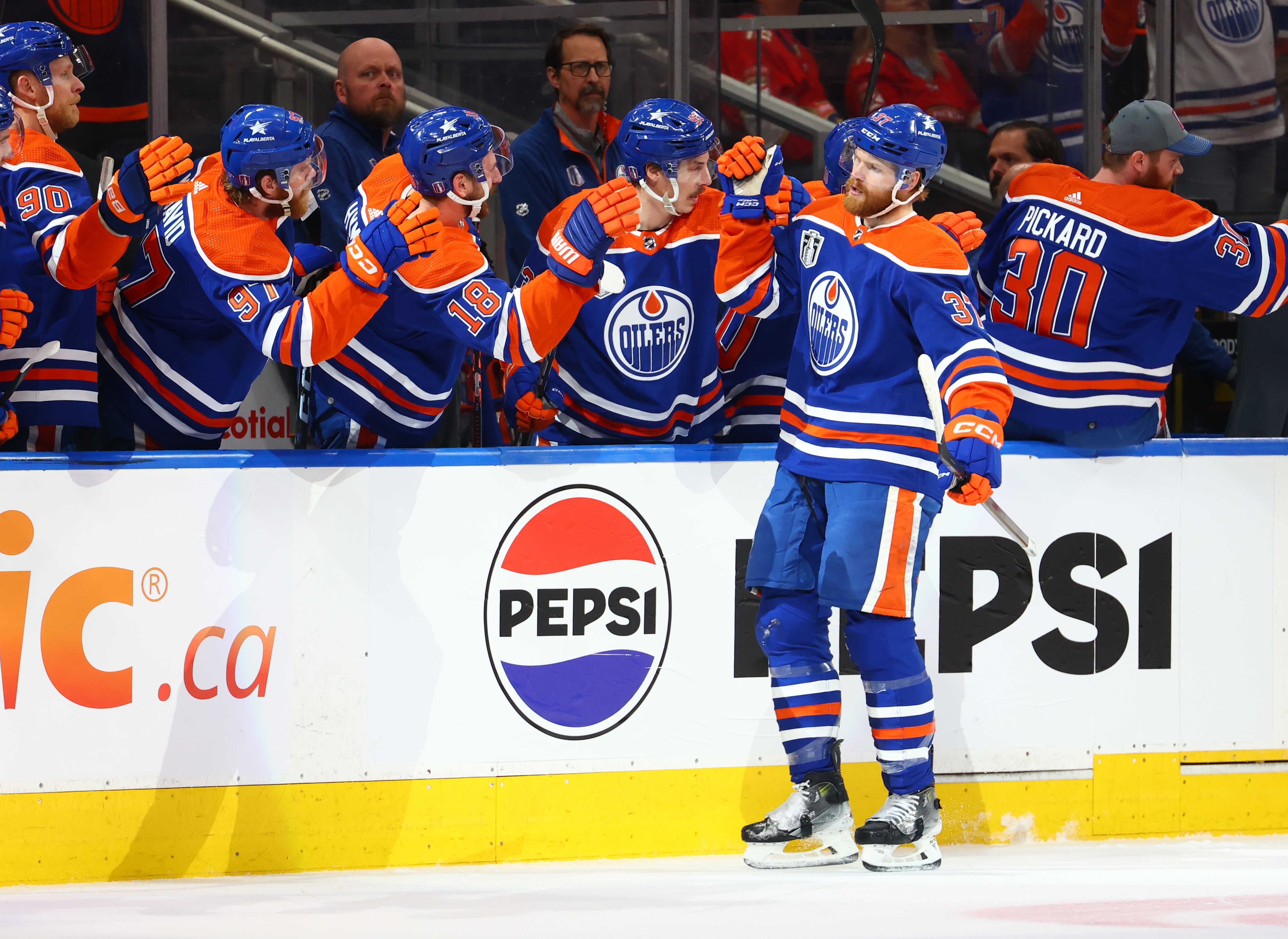 Edmonton Oilers left wing Warren Foegele celebrates with teammates after scoring a goal in the first period against the Florida Panthers as we cover our predictions for Game 7 of the Stanley Cup Final.