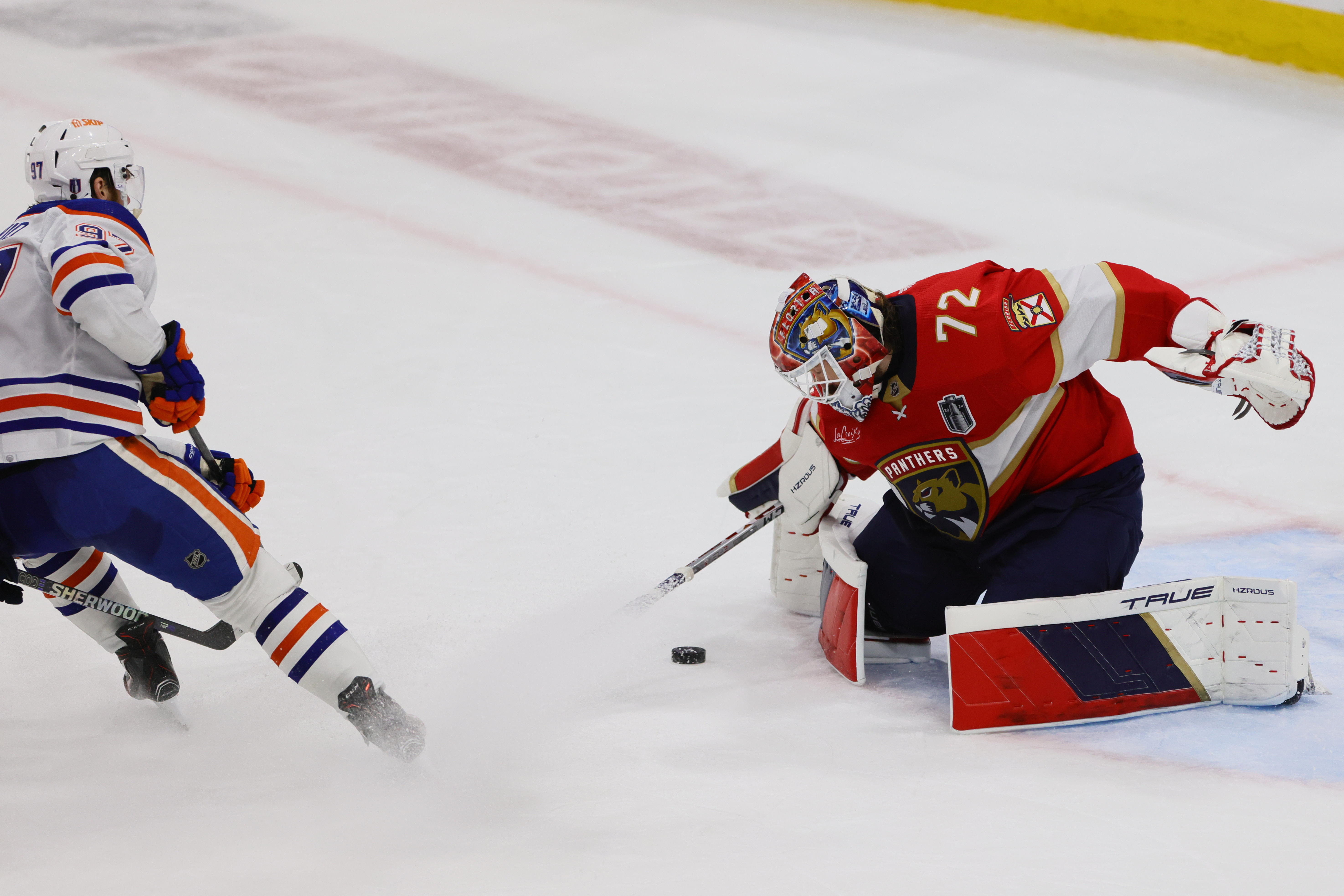 Florida Panthers goaltender Sergei Bobrovsky defends against Connor McDavid as Gonzales Oona explores the best prop bets for Thursday's Stanley Cup Final Game 3 between the Panthers and Oilers.