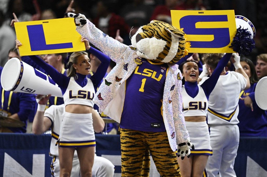 The LSU Lady Tigers mascot points to the crowd against the South Carolina Gamecocks in the fourth quarter during the championship game of the SEC Women's Basketball Tournament as we look at the March Louisiana sports betting report.