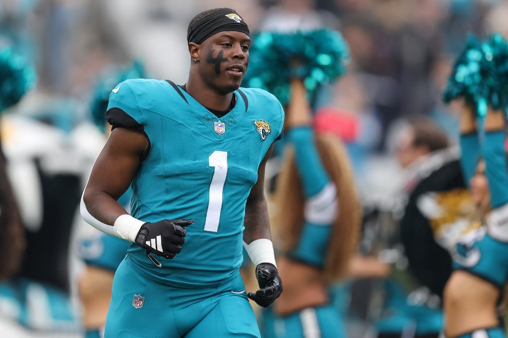 Travis Etienne Jr. #1 of the Jacksonville Jaguars is introduced as we offer up our first touchdown scorer predictions for Week 11