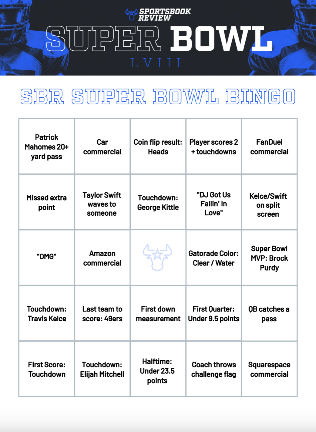Free printable Super Bowl bingo cards