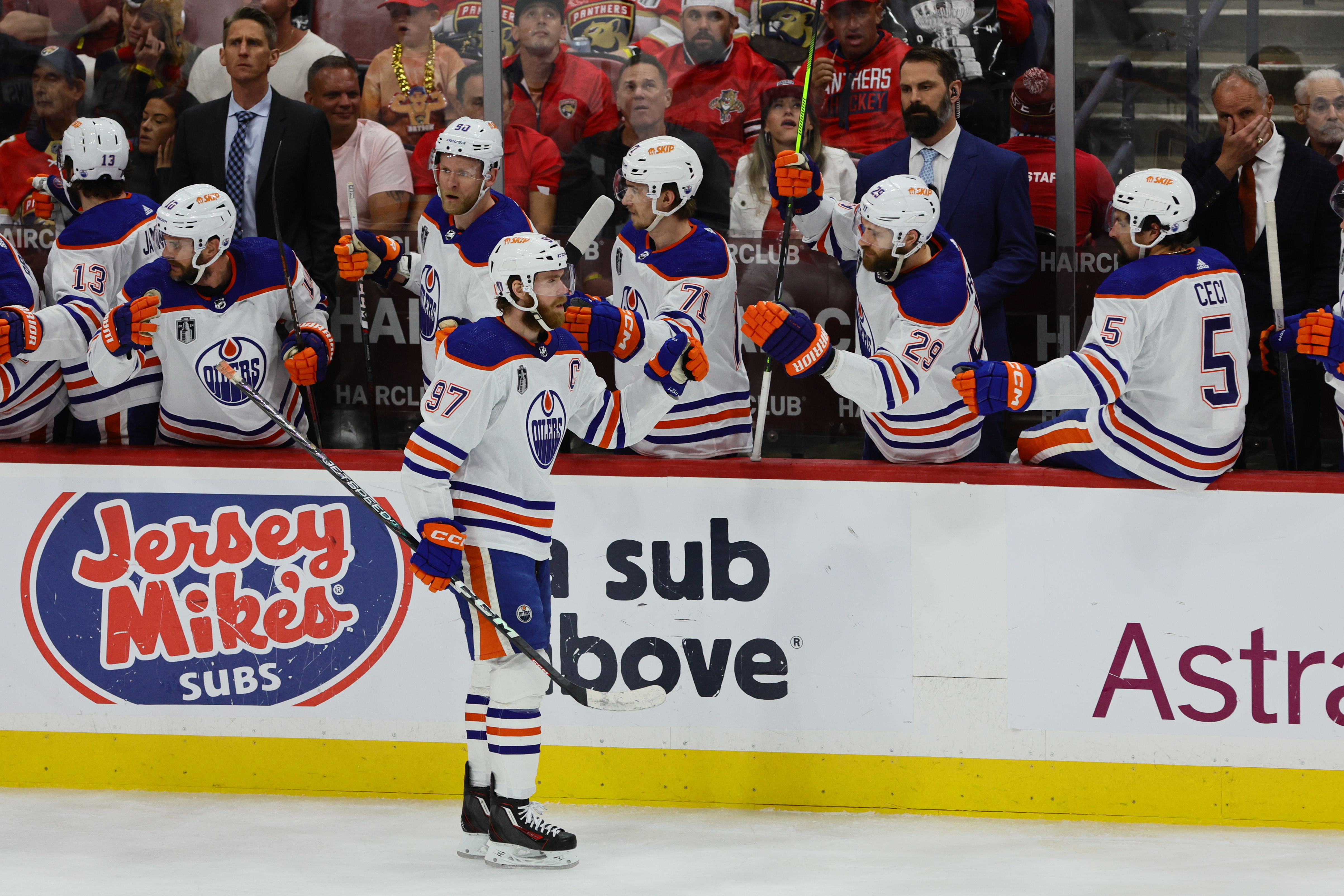 Edmonton Oilers forward Connor McDavid celebrates scoring during the second period against the Florida Panthers as we profile our best prop picks for Friday's Stanley Cup Final Game 6.