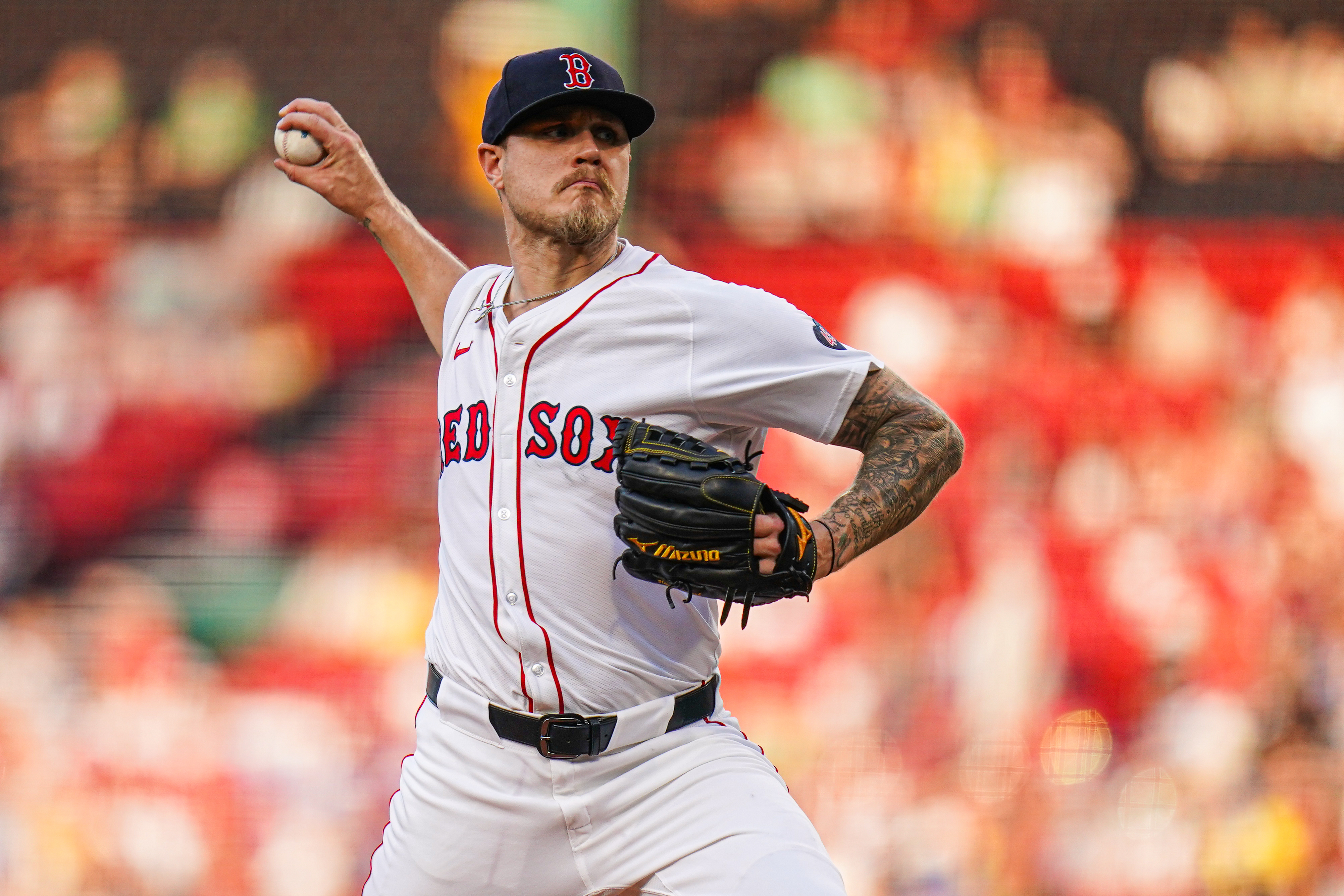 Boston Red Sox starting pitcher Tanner Houck throws a pitch against the Philadelphia Phillies in the first inning at Fenway Park as we look at our Blue Jays vs. Red Sox player props.