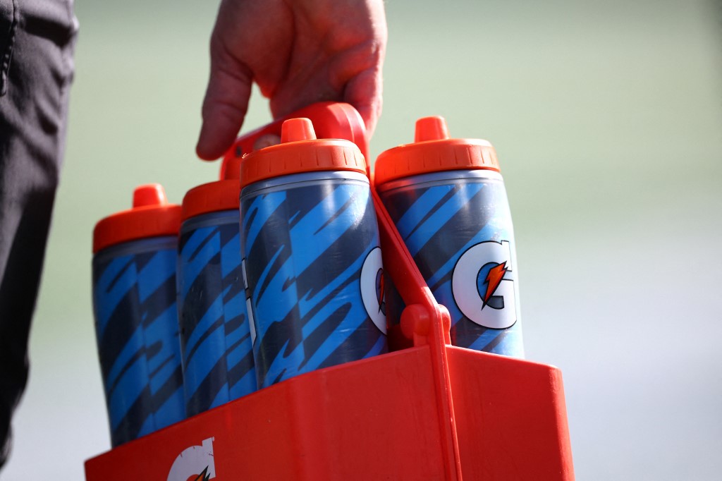 Refillable Gatorade bottles are seen being carried as we look at the 2025 Super Bowl Gatorade Color props.