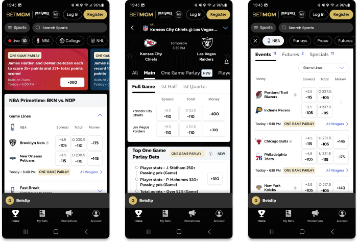 Screenshots of BetMGM Underscoreg app for iOS.