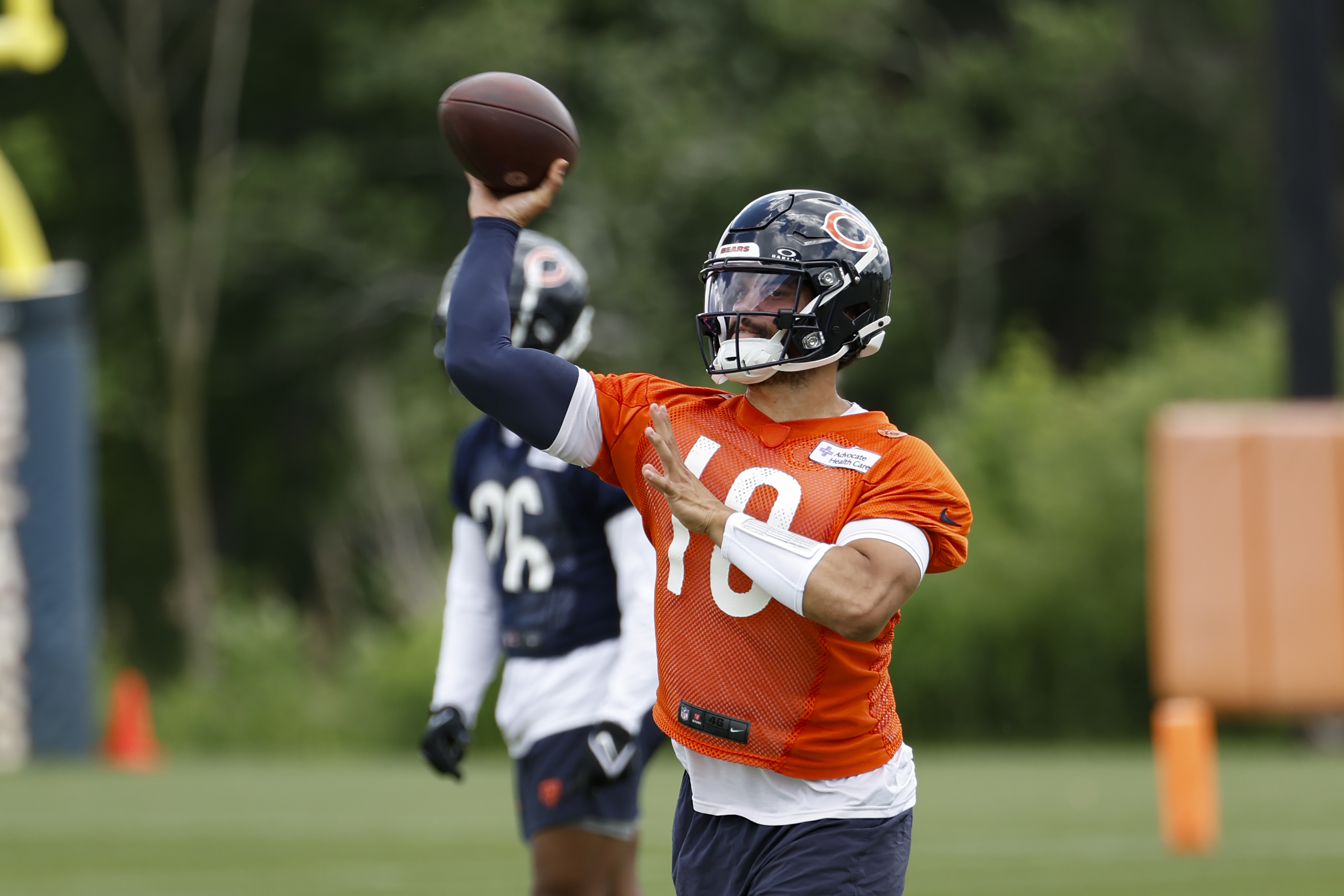 Chicago Bears quarterback Caleb Williams passes the ball during the team's minicamp at Halas Hall. Williams leads the 2024-25 Offensive Rookie of the Year Odds.