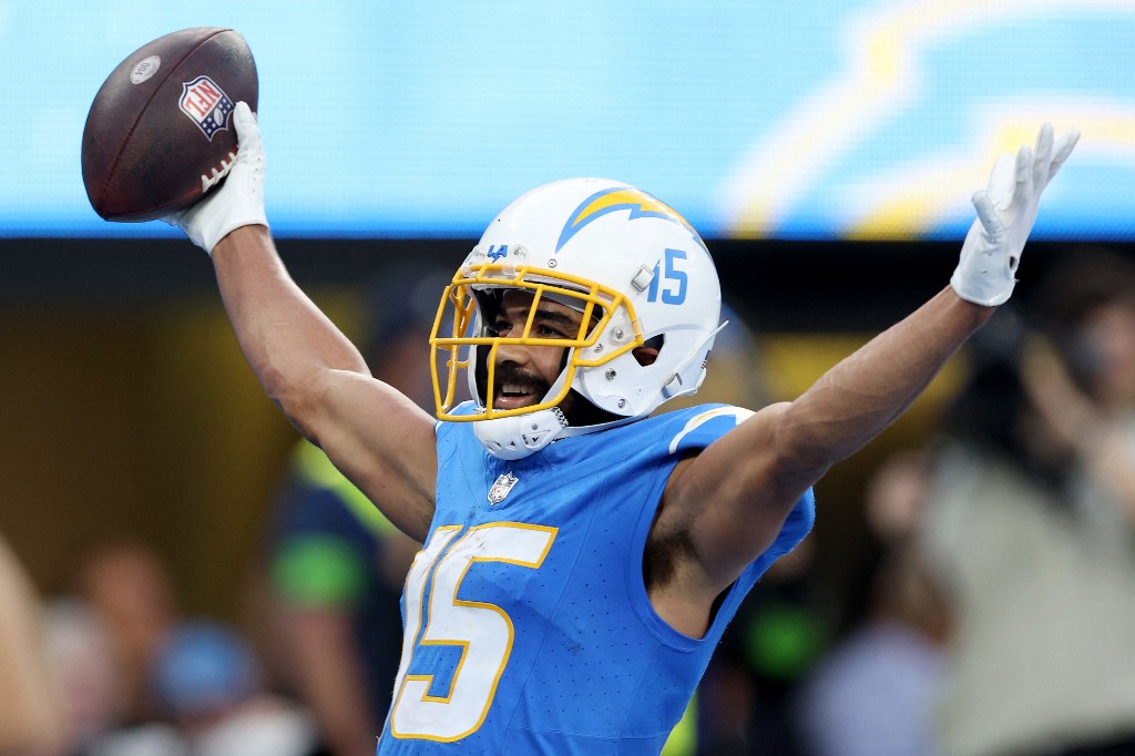 Jalen Guyton #15 of the Los Angeles Chargers celebrates a touchdown as we look at our anytime touchdown scorer predictions for Week 17