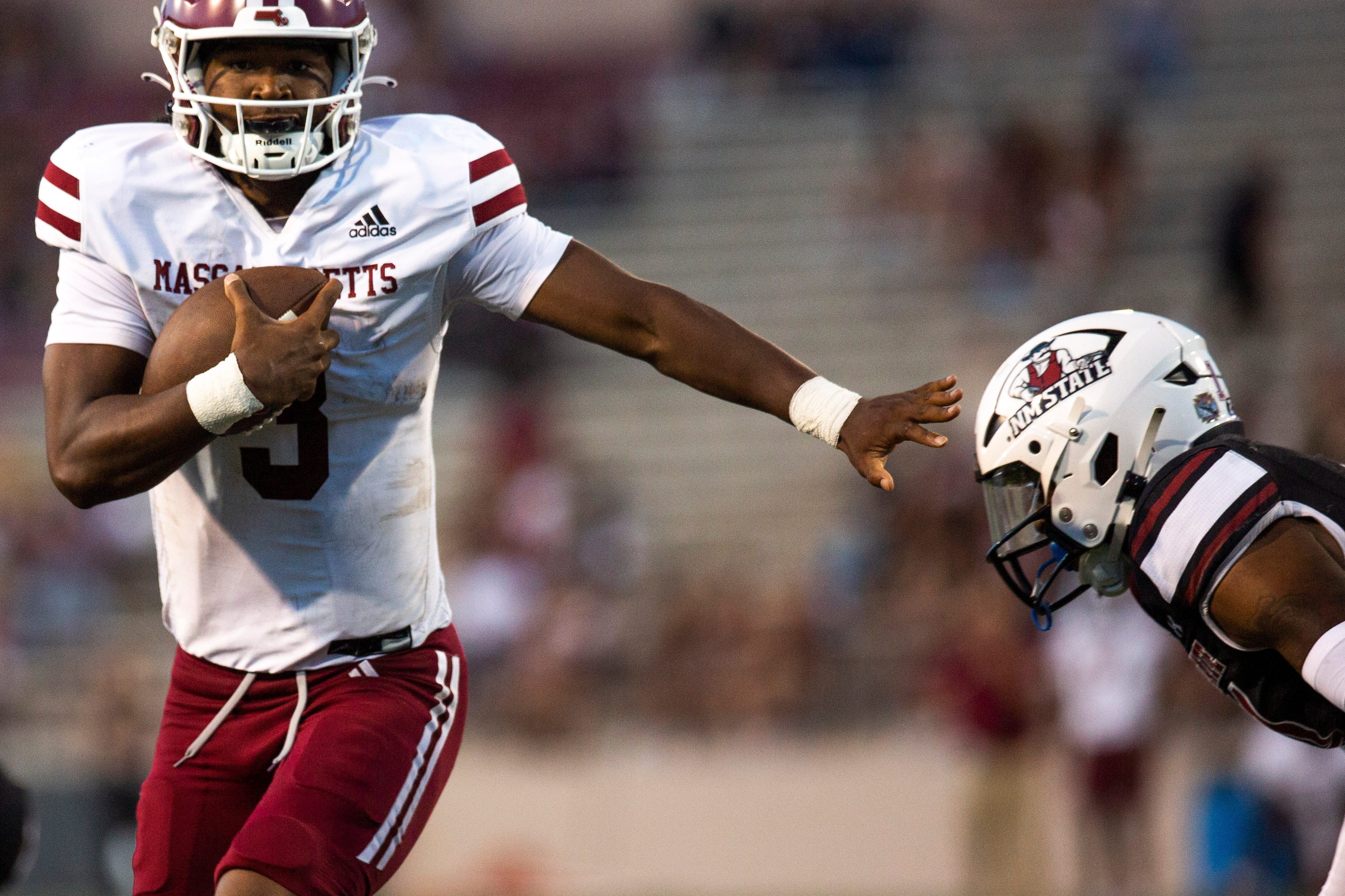 UMass quarterback Taisun Phommachanh during a football game on Saturday, August 25, 2023. Photo by Meg Potter/Sun-News /USA TODAY NETWORK via Imagn.