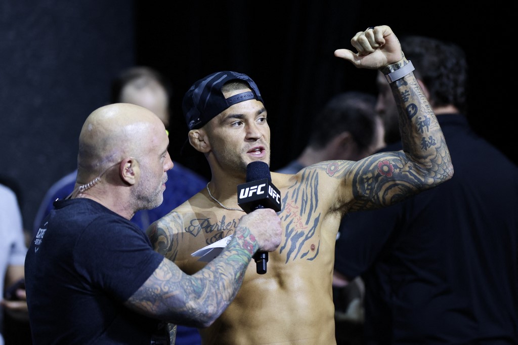 Dustin Poirier speaks to the crowd during the UFC 302 Ceremonial Weigh-in as we offer our DraftKings UFC 302 promo code