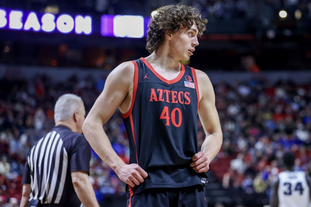 Miles Heide #40 of the San Diego State Aztecs looks on as we make our UAB vs. San Diego State prediction for the first round of the NCAA Tournament on Friday.