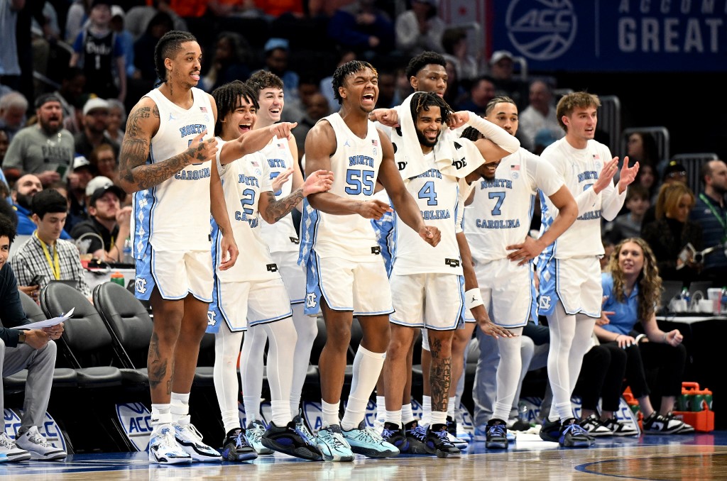 The North Carolina Tar Heels bench celebrates in the second half as we look at our BetMGM North Carolina bonus code.